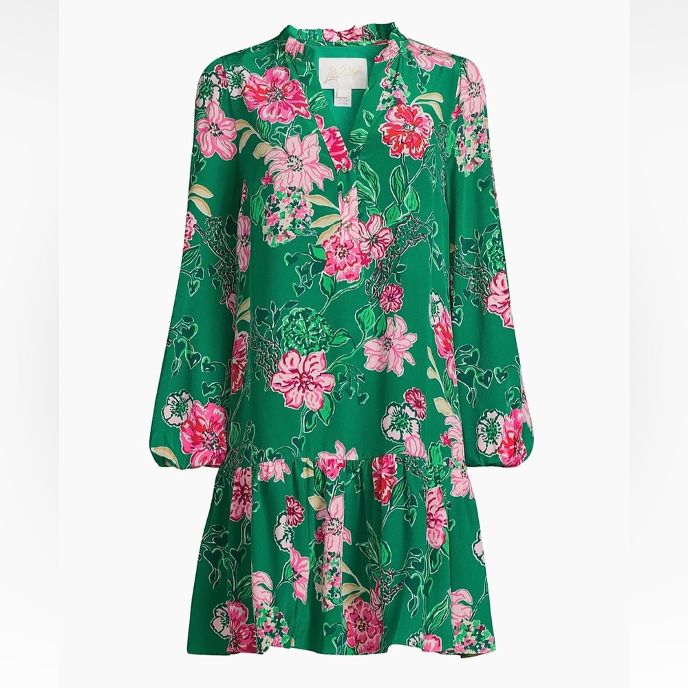 Lilly‎ Pulitzer || Evaline Silk Dress Floral Drop Waist Mini Green 00 NWT